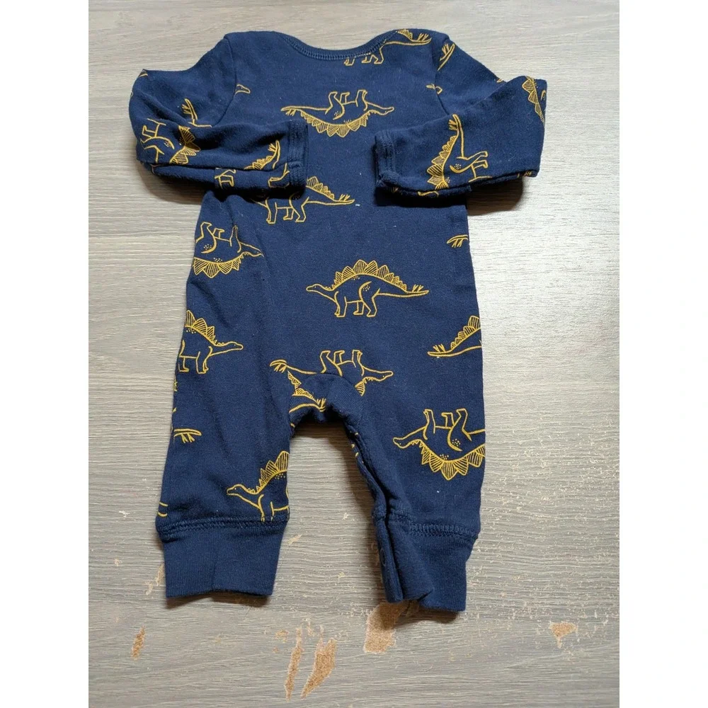 Carters Newborn Navy Blue Yellow Stegosaurus Dinosaur Long Sleeve Romper 0M
